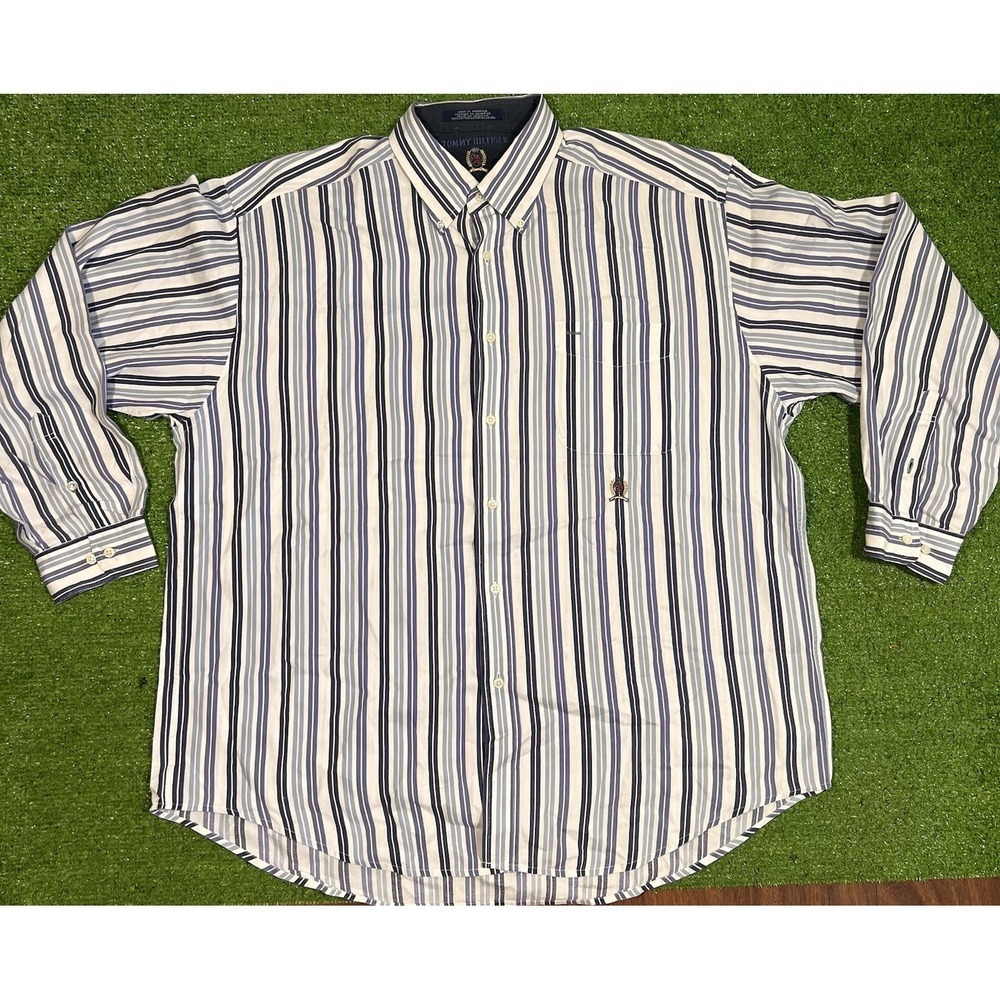 Vintage Tommy‎ Hilfiger Button Down XL Long Sleeve BLUE Striped Crest EUC